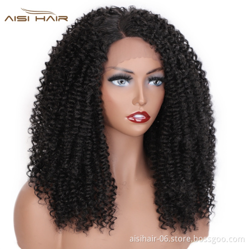 Aisi Hair Cheap Wholesale Shoulder Length Fluffy Black Kinky Curly Side Part Synthetic Hair For Black Women Lace Front Wig
